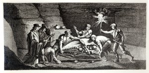 Upptäcker benen av ett förhistoriskt djur, illustration från Histoire naturelle de la Montagne Saint-Pierre de Maastricht av Barthelemy Faujas de Saint Fond (1743-1819) 1799 av French School