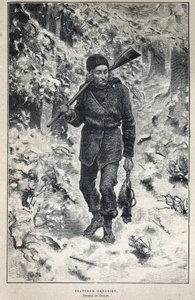 Disouverte du Canada: porträtt av en kanadensisk fångst i skogen. Gravyr från slutet av 1800-talet i "La nouvelle France" av Eugene Guenin. av French School