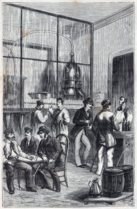 Destillatorbutik i Paris på 1800-talet - Gravyr i "Vetenskapen gjort tillgängliga för alla - fysik och kemi" av Alexis Clerc - Slutet av 1800-talet - Privat samling av French School