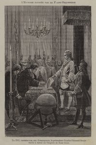 Förvrängning av historien av frimurarna: det förmodade upprättandet av ett kapitel av rosenkorsare av pretendenten Charles Edward Stuart i Arras 1747 (gravyr) av French School