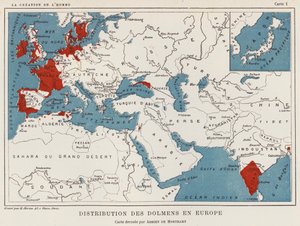 Distribution av Dolmens i Europa (färg litho) av French School