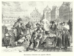 Utdelning av mat till svältande bönder (gravyr) av French School