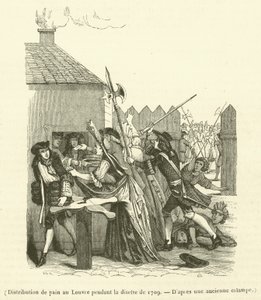 Utdelning av bröd i Louvren under livsmedelsbristen 1709 (gravyr) av French School
