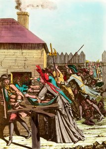 Utdelning av kungens bröd i Louvren 1709 efter den stora vintern, vilket fick priset på spannmål att stiga och stora svält. Gravyr från slutet av 1700-talet. Privat samling av French School