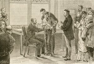 Doktor Pasteur undersöker pojke infekterad med rabies. 1800-talet (gravyr) av French School