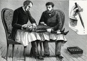 Läkare som undersöker ett barns ögon och injicerar ögondroppar (gravyr) 1888 av French School