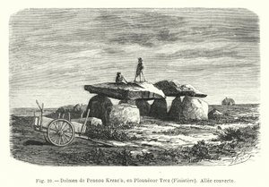 Dolmen av Pennou Kreach, i Plouneour Trez, Finistere, täckt gångväg (gravyr) av French School