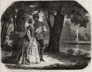 Don Juan diskuterade med Anne av Österrike (1549-1580) hans eventuella förening med prins Don Carlos (1545-1568), son till kung Filip II av Spanien (1527-1598). Gravyr från 1871 i "Histoire Des Cocus Celebres"" av Henry de Kock (1819-1892). av French School