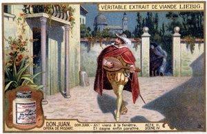 Don Juan i Trubadur: Akt II sc. IV av Mozart-operan "" Don Giovanni""" Liebig Chromolithography, v.1900 av French School