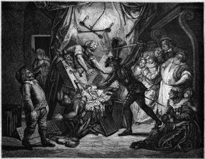Don Quijote slåss mot dockorna som han tror är morer. Gravyr av V. Beauce efter målningen av Charles Antoine Coypel (1694 - 1752) som illustrerar romanen av Cervantes (1547-1616). I "" Le Magasin pittoreska"" av French School