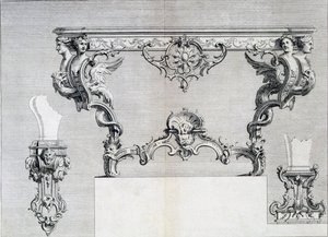 Dubbelgrenad ljusstake med rokoko och klassiska inslag, från en mönsterbok med neoklassiska metalldesigner sammansatta av Duhamel, ca 1770-80-talet av French School