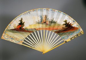 Dubbelbladig handfläkt målad med pastoral scen, elfenben och silverrevben, ca 1760, baksida, Frankrike av French School