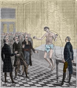 Dr Andrew Ure genomförde voltaiska experiment på kroppen av den avrättade mördaren, Clydesdale, 1818 - Erfarenhet av Andrew Ure (1778-1857) på ett lik - Gravyr i "" Vetenskaper ställda för allas dörr - fysik och kemi"" av Alexis Clerc - Slutet 19:e av French School