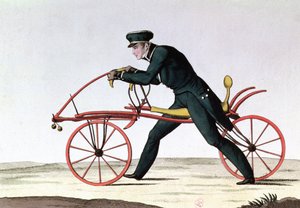 Draisienne, förfader till cykeln, uppfann 1816 av baron Karl von Drais (1785-1851), 1820 (färgstick) av French School