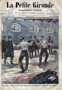 Dreyfusaffären: duellen mellan överstelöjtnant Georges Picquart (1854-1914) och Hubert Henry (1846-1898) på militärskolan i Paris. Omslag till ”La petite Gironde” från mars 1898 (gravyr) av French School