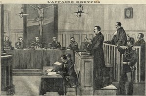 Dreyfus-fallet 1898: en utfrågning av krigsrådet: rättegången mot kommendör Esterhazy. Gravyr i ”Le petit parisien” från 1898. av French School