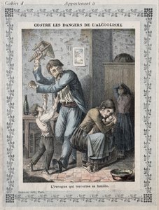 Fyllare som terroriserar sin familj, omslag till en skolskrivbok. c.1900 av French School