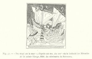 Från att drunkna i havet; efter en ms från 1200-talet med titeln The Miracles of the Blessed Virgin, Bibl of the seminary of Soissons (gravyr) av French School