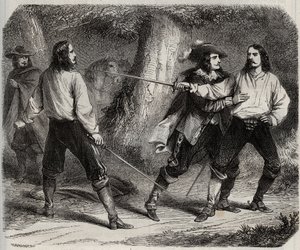 Duell har svärdet mellan viscounten av Cahuzac och markisen av Gesvres, vars drottning av Frankrike Anne av Österrike är kär, i skogen i Vincennes. 1600-talet. Gravyr från 1871 i "Histoire Des Cocuses Celebres"" av Henry de Kock (1819-1892). av French School