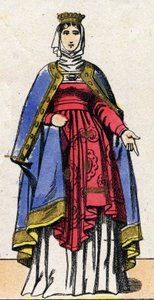 Capetians dynasti: Porträtt av Isabelle de Hainaut (1170-1190) drottning av Frankrike, hustru till Filip II känd som Philip Augustus (1165-1223). Epinal avbildning från slutet av 1800-talet. Privat samling. av French School