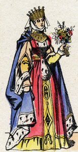 Capetians dynasti: Porträtt av Marguerite av Provence (1221-1295), drottning av Frankrike, fru till Ludvig IX av Frankrike (1214-1270). Epinal avbildning från slutet av 1800-talet. Privat samling. av French School