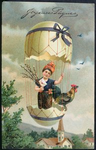 Påskvykort föreställande ett barn i ett ägg, ca 1905 av French School