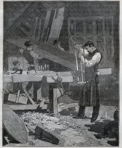 Ebenisterie: ebenist arbetare dela en styrelse på den etablerade. Gravyr från 1885 i "" Les arts et metiers illustres"" av Adolphe BITARD. av French School