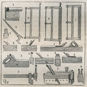Ebenisterie: vanliga verktyg, sågar och hyvling. Gravyr från 1885 i "" Les arts et metiers illustres"" av Adolphe BITARD. av French School