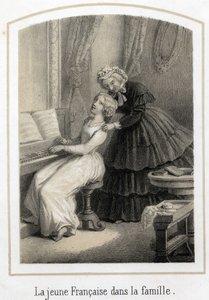 Utbildning för unga flickor i goda familjer: en ung fransk kvinna som sitter på pianot tas över av sin hushållerska. Anonym gravyr från 1800-talet av French School