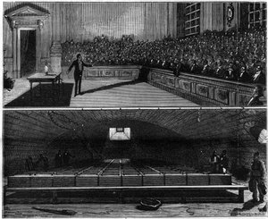 Elektriskt ljusexperiment utfört 1813 av Humphry Davy (1778-1829), i hans kemikurs vid Royal Institution of London (England). Gravyr i "" La Nature. Revue des sciences et de ses applications aux arts et à l