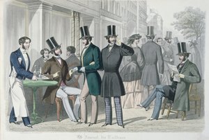 Eleganta unga män på terrassen till ett café, 1857 (färggravyr) av French School