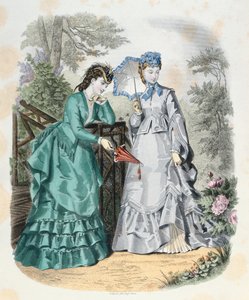 Eleganta kvinnor i en trädgård, från La Mode Illustrée, 1871 av French School