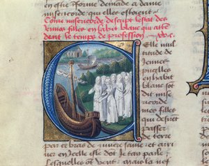 Ombordstigning av välgörenhetssystrarna på Hotel Dieu de Paris, från Le Livre de Vie Active de lHotel Dieu av Jean Henry, ca 1482 av French School