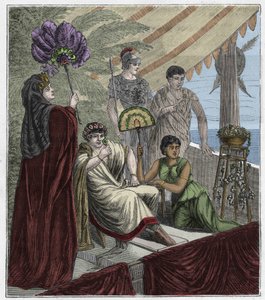 Smaragdblad som används som optiskt instrument av kejsar Nero, kejsar Nero, kejsare av Rom (54-68 e.Kr.) som tittar på gladiatorstrider genom en konkavt slipad smaragd som fungerar som en lins för att korrigera hans närsynthet - Gravyr i "Sciences mises à  av French School