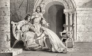 Emme kysser sin make Raoul (d.936) på knä för att erkänna hans suveränitet, ur "Histoire de France" av Colart, publicerad omkring 1840. av French School