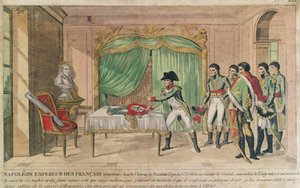 Kejsar Napoleon I överväger Fredrik den Stores svärd i Potsdam 1806 (färgstick) av French School
