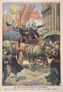 Engelska suffragetter utklädda till brandmän, från Le Petit Journal, 3 april 1910