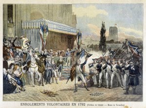 Inskrivning av frivilliga 1792 (färgad gravyr) av French School