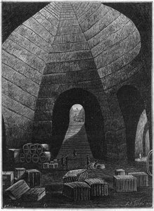 Går in i källare i champagnehuset Theophile Roederer som grundades i Reims 1864. av French School