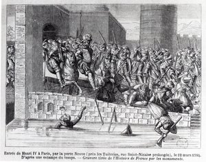 Henri IV:s (1553-1610) inträde i Paris, 22 mars 1594 (gravyr) (bw foto) av French School