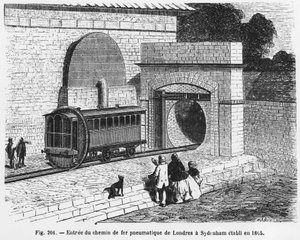 Ingången till den pneumatiska järnvägen från London till Sydenham, etablerad 1865 - i "The Wonders of Science", av L. Figuier. ¿ av French School