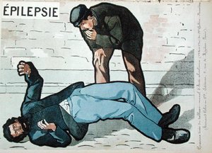 "Epileptisk attack orsakad av akut alkoholism", från Dr Galtier-Boissiere väggbild om farorna med alkoholism, sent 1800-tal. (färg litho) av French School