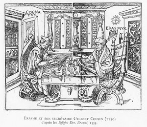 Erasmus och hans sekreterare Gilbert Cousin (träsnitt) av French School