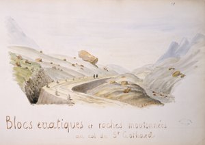 Oregelbundna block och stenar vid Saint Gothard-passet i de schweiziska alperna (wc på papper) av French School