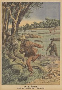 Flykt av fångar i Franska Guyana (färg litho) av French School