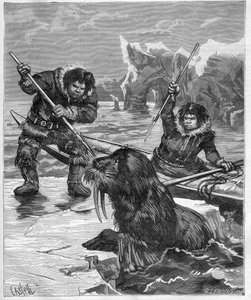Eskimåer - fiskande valross - Eskimåer - valrossfiske 1888 - - Gravyr i "Journal des Voyages"" 1888 av French School