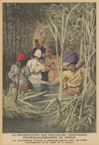 Fastställande av gränsen mellan franska och tyska territorier i Kongo (färg litho) av French School