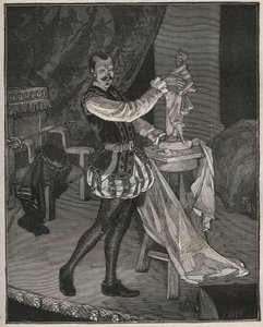 Etienne Marin Melingue (1808-1875), fransk skådespelare som spelar skulptören Benvenuto Cellini i Alexandre Dumas peres "Ascanio", anpassad till scenen av Paul Meurice. Gravyr från 1880 i ""Les arts et professions illustrés"" av Adolphe BITARD. av French School