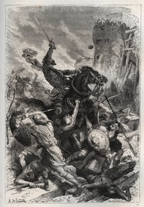Eudes (Odon) (860-898), frankernas kung, leder slaget mot normanderna och försvarar segrande Paris (860-887) - Eudes (852-898) i strid mot normanderna - "Frankrikes historia berättade för mina barnbarn”” - av Francois Guizot - 1872-1876 av French School