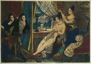 Kväll, toaletten före balen, tidigt 1800-tal (färggravyr) av French School